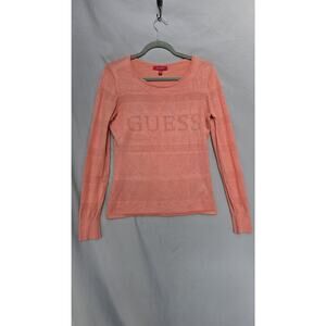 GUESS Sweater Womens XL Pink Open Knit Scoop Neck Logo Long Sleeve Pullover